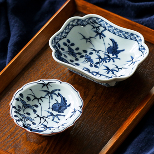 料理餐具 日本制波佐见复古青花雀鸟陶瓷碟子蘸料碗醋碟甜品盘日式