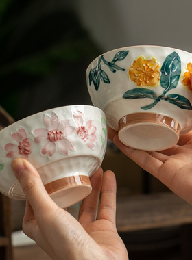 日式樱花陶瓷碗餐具手绘釉下彩5寸家用米饭碗耐热高脚碗家用汤碗