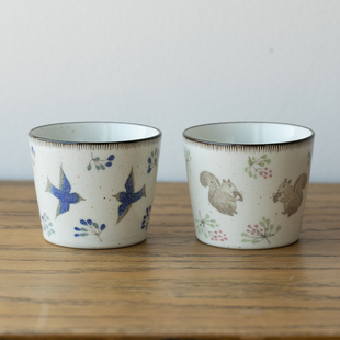 日本进口美浓烧手绘可爱陶瓷松鼠燕子茶杯日式猪口杯复古咖啡杯子