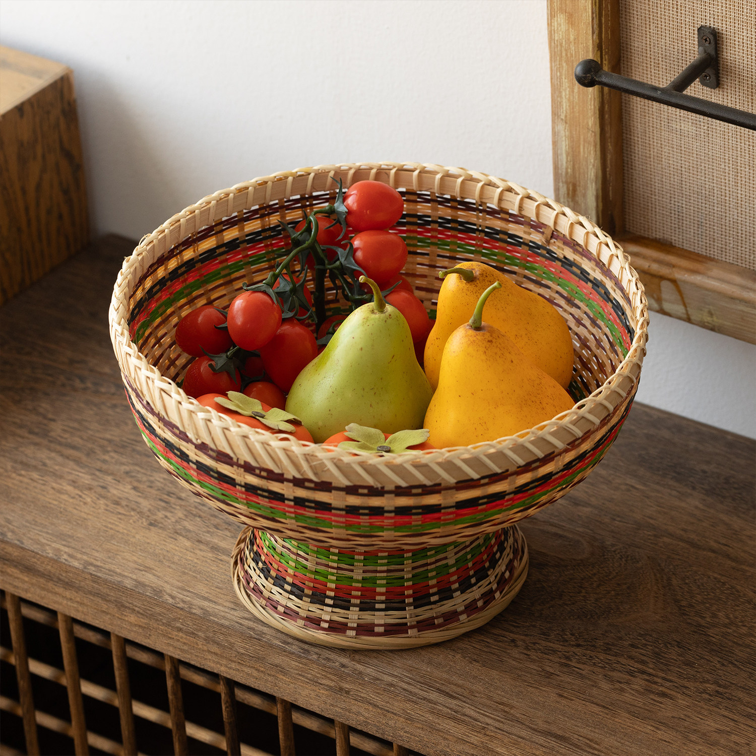 越南进口彩色天然手工竹编高脚篮子家用点心水果盘装饰贡果托盘