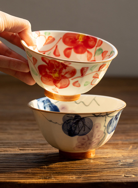 日本进口美浓烧手绘樱花陶瓷米饭碗日式斗笠碗防烫高脚碗家用汤碗