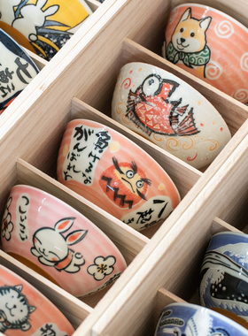 日本进口美浓烧达摩月兔可爱卡通碗日式米饭碗套装礼盒釉下彩汤碗