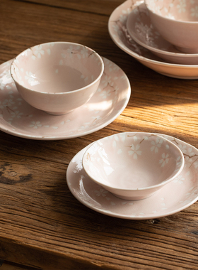 日本进口美浓烧粉樱花陶瓷碗盘餐具日式米饭碗菜盘骨碟早餐盘汤碗