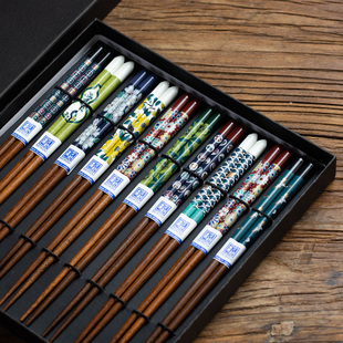 日本进口九谷烧福禄筷天然实木防滑筷家用餐具日式筷子十双装礼盒