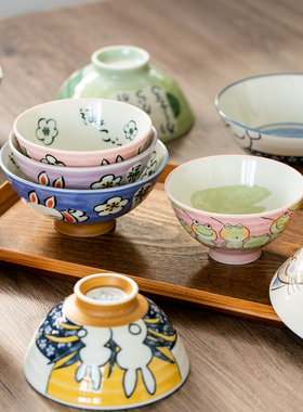 日本进口美浓烧家用陶瓷米饭碗动物小碗樱花兔达摩招财猫日式餐具