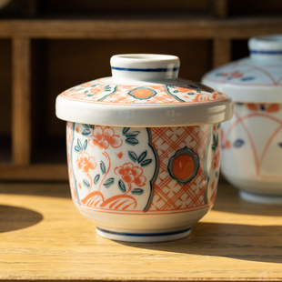 日本进口美浓烧樱花唐草茶碗日式蒸蛋碗一人份炖盅带盖隔水蒸汤盅