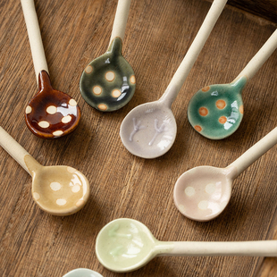 日本进口美浓烧粗陶波点小勺子日式咖啡勺调料甜品勺小调羹搅拌勺