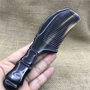 天然20厘米黑花牛角雕刻竹节柄梳防静电按摩颜色随机头部经络按摩