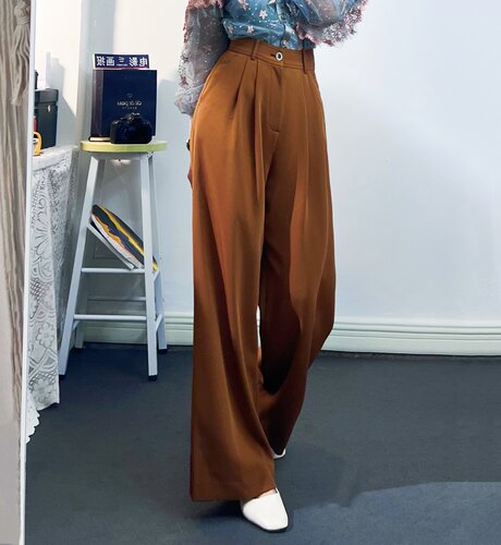 清 罗马假日夏季冰丝裤子垂感西裤阔腿裤线条拖地长裤显瘦直筒裤
