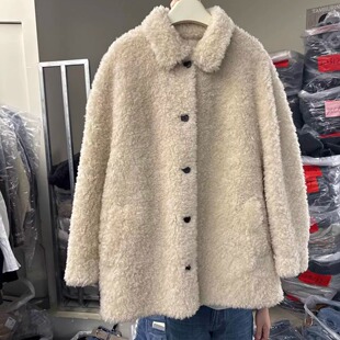 韩版 保暖100％羊毛皮毛一体 翻领单排扣一手长软糯羊羔毛外套冬季
