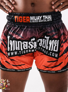 进口泰国Tiger MUAYTHAI老虎泰拳橘底黑色条纹速干搏击短裤