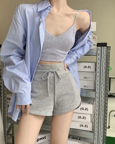 Real shot summer Hong Kong style gray sports pants women's loose high waist drawstring casual straight wide leg shorts trendy