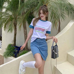 Real shot summer new style Hong Kong Style thin letter print contrast color show thin short sleeve T-shirt fashion