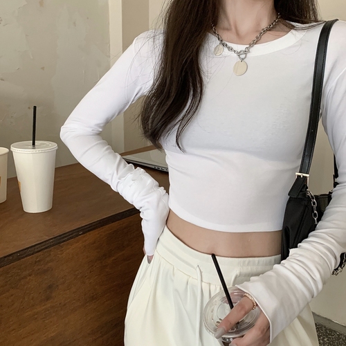 Real shot winter Europe and the United States sexy slim fit with long sleeve bottoming shirt solid color short T-shirt women's high waist exposed navel top fashion