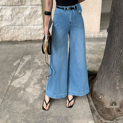 夏款薄料TOP欧制广州十三行韩版四面弹阔腿筒裤牛仔裤配腰带7867