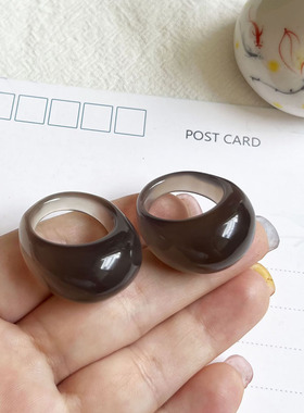 夸张天然玛瑙戒指男女款个性冷淡风冰种灰色玉髓饰品吸睛指环扳指