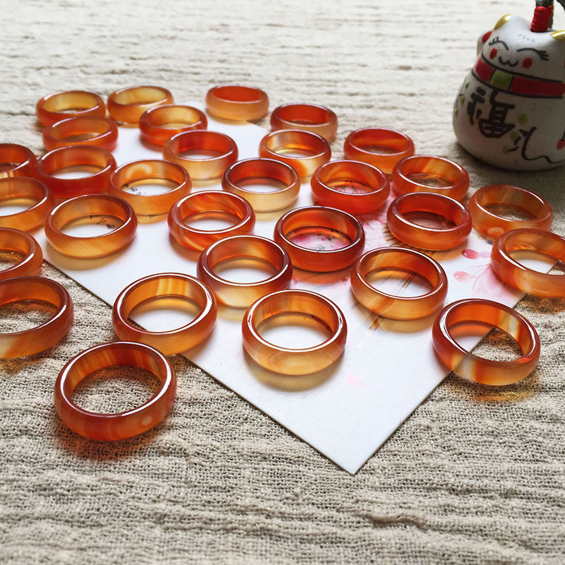 天然橘黄飘花玛瑙戒指男女款水晶玉石指环戒指情侣对戒百搭尾戒