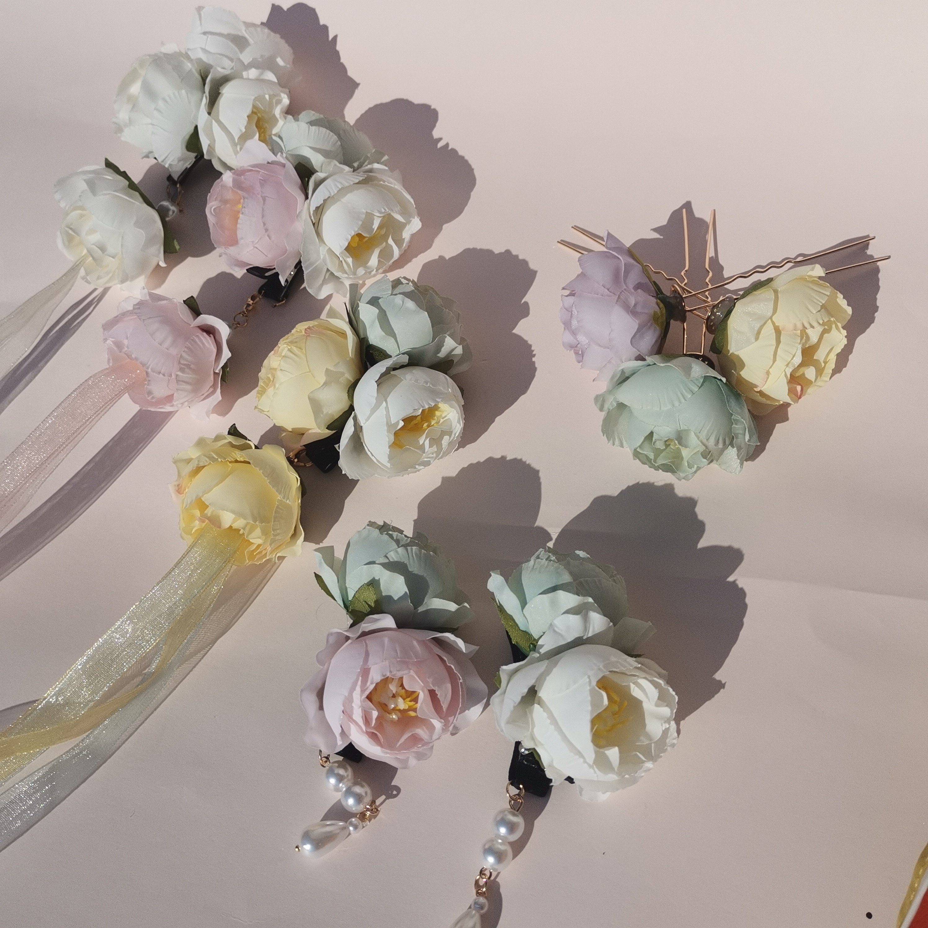 古风汉服绢花飘带仙气浅色发簪丝带假花发夹宋制唐风配饰花朵头饰