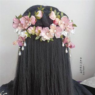汉服仿真绢花发饰假花发簪仿真烫花流苏发夹古风花朵簪子写真头饰