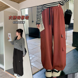 女垂感直筒胖MM工装 k2838大码 宽松阔腿长裤 高腰口袋针织工装 裤