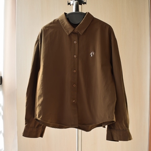 深咖色精致小伞刺绣柔软纯棉磨毛长袖衬衫女秋冬百搭叠穿打底衬衣