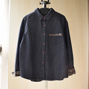 韩版时尚反面印花设计翻领牛仔衬衫女春秋新款藏蓝色丹宁牛仔外套