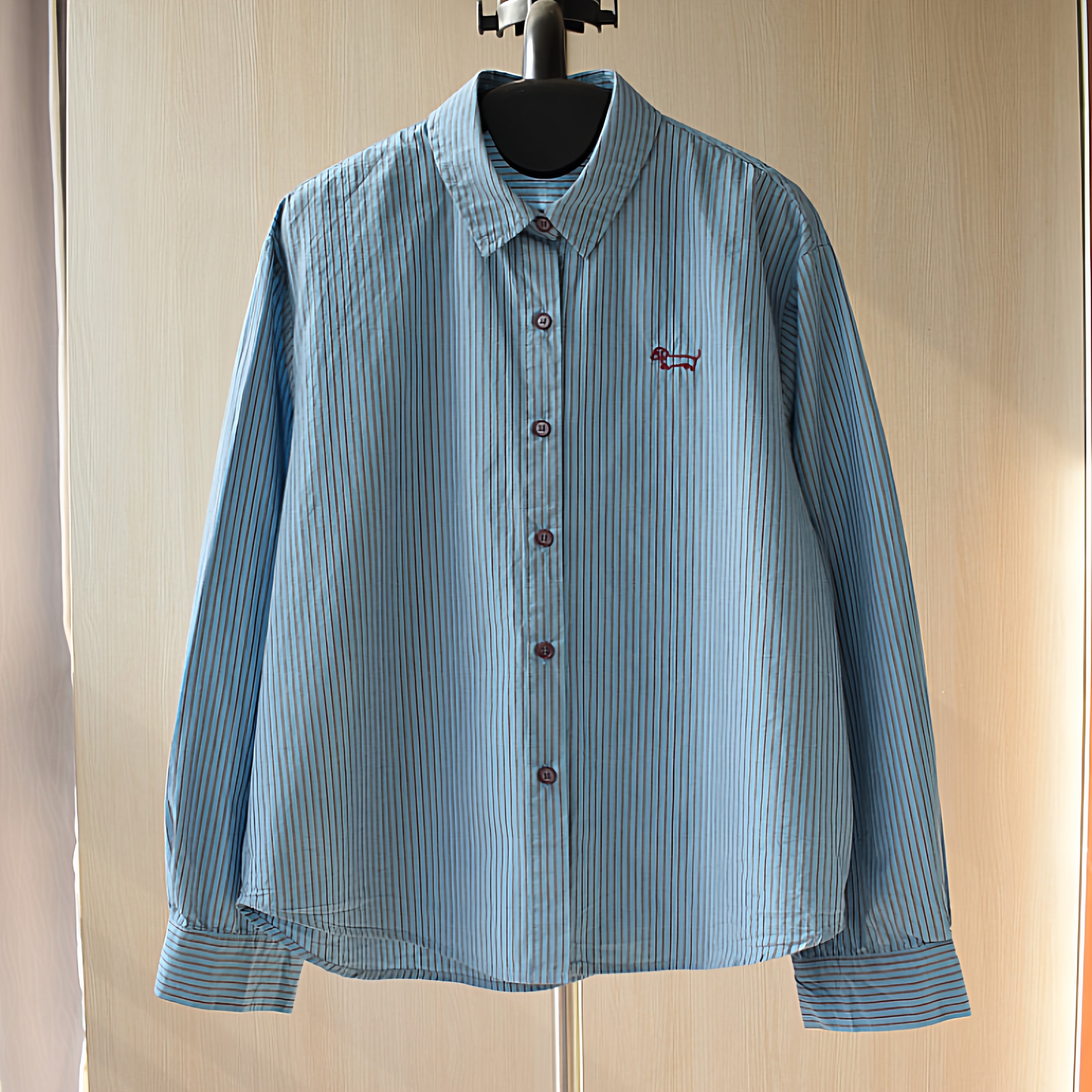 复古蓝色红条纹腊肠狗刺绣纯棉翻领长袖衬衫女春秋百搭叠穿衬衣,女装/女士精品,衬衫,淘宝优惠券,粉丝福利购,淘宝优惠卷