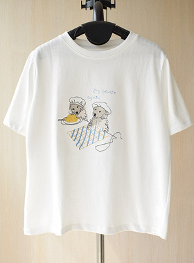 夏日限定韩版小狗烘培师刺绣圆领短袖白色T恤女2025夏季新款白tee