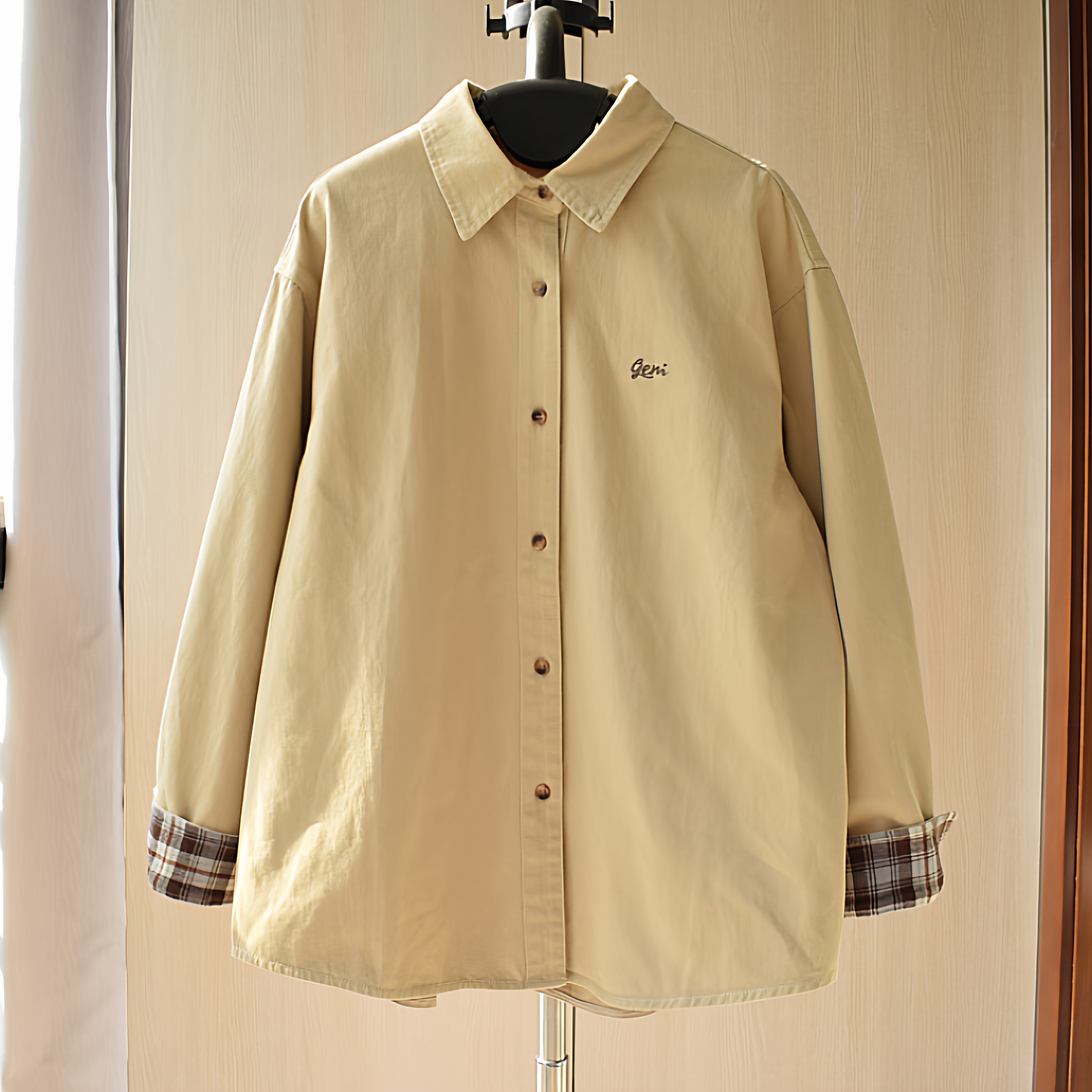 袖口格子拼接高级卡其色厚实磨毛绒棉宽松长袖衬衫女秋冬叠穿上衣