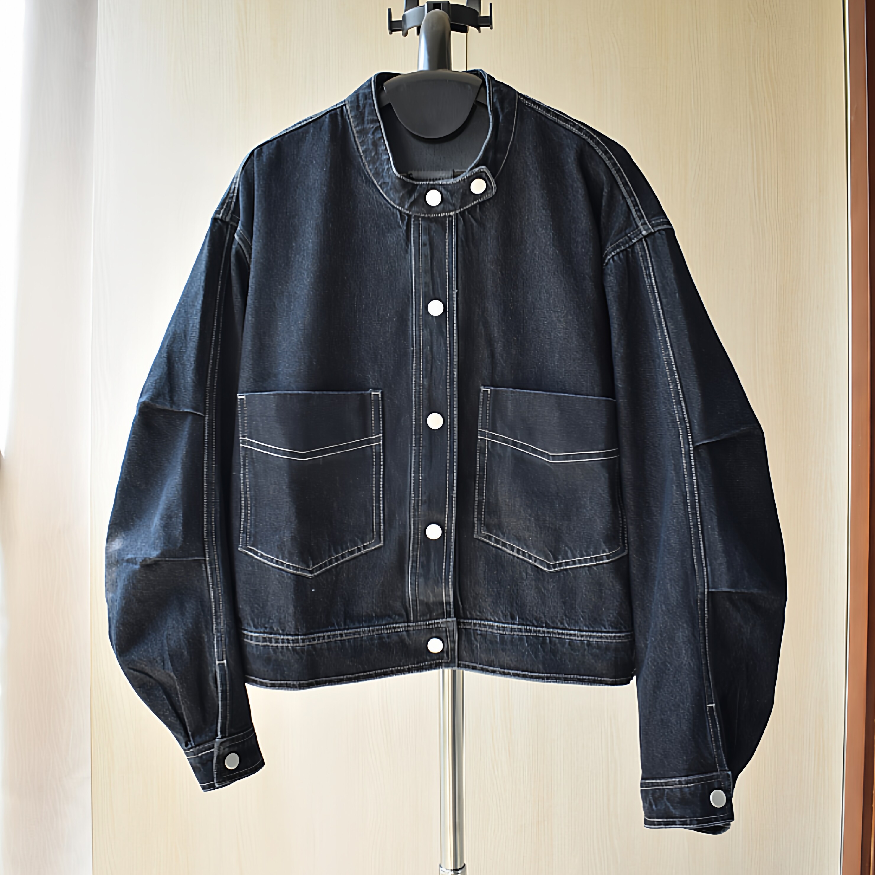 时尚复古立领丹宁短款牛仔外套女袖子褶皱小个子显瘦上衣休闲夹克