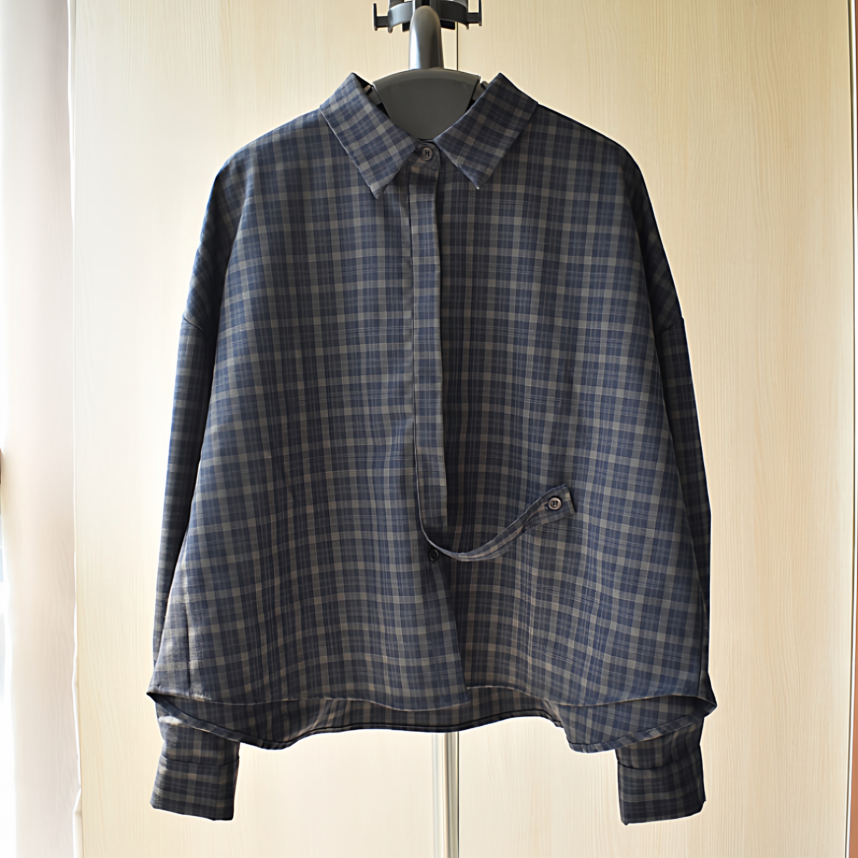 高级感藏青墨绿拼色格子斜扣短款长袖衬衫复古时尚垂感天丝棉衬衣