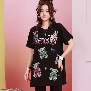 200斤胖mm宽松遮肚显瘦卡通印花圆领短袖 2026夏季 中长T恤 女装 大码