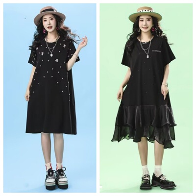 石头鱼大码女夏装时尚短袖连衣裙