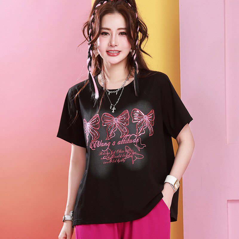 大码女夏季宽松圆领短袖纯棉T恤