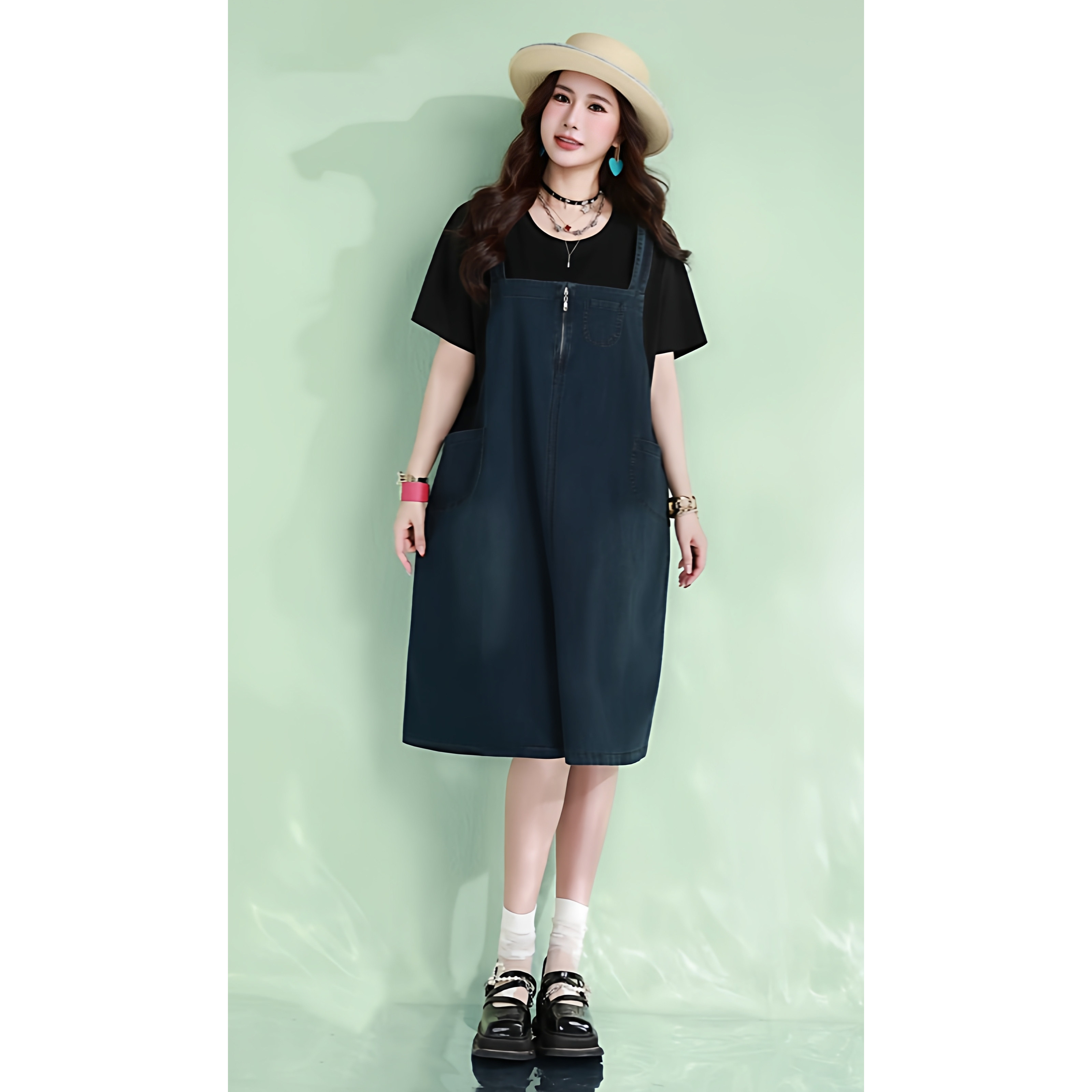 石头鱼大码女夏宽松假两件牛仔裙