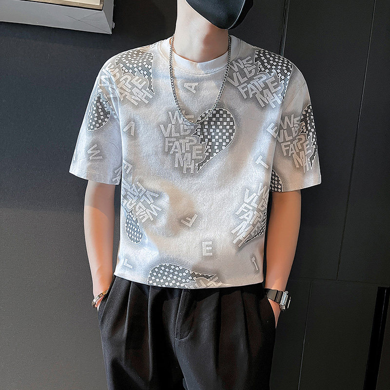 T750-P5523夏季社会小伙个性洗水印花男士圆领短袖T恤控75，男装T恤，电商A400-1（原B352）