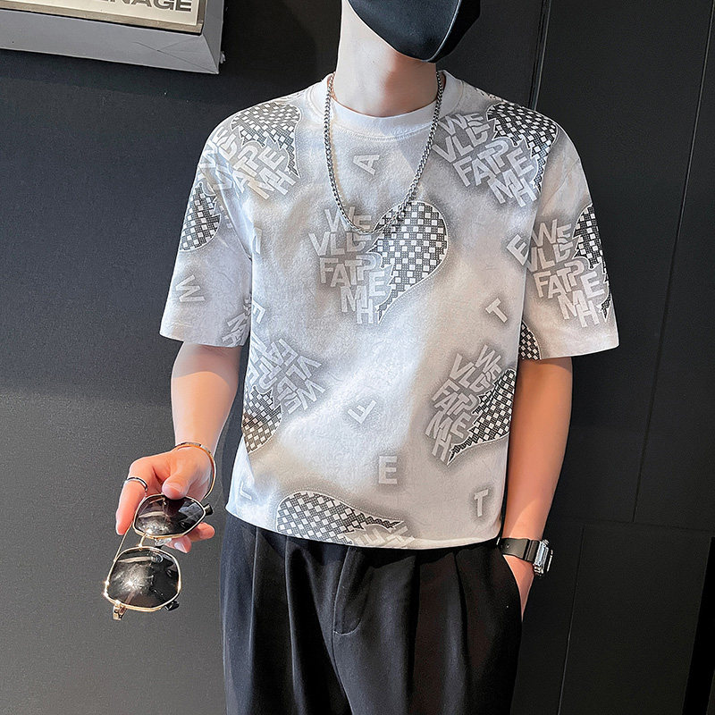 T750-P5523夏季社会小伙个性洗水印花男士圆领短袖T恤6控75,男装T恤,电商A400-1（原B352）