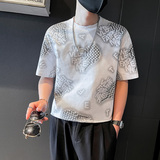 T750-P5523夏季社会小伙个性洗水印花男士圆领短袖T恤6控75，男装T恤，电商A400-1（原B352）