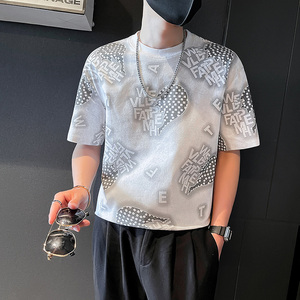 T750-P55 23夏季社会小伙个性洗水印花男士圆领短袖T恤6 控75图片