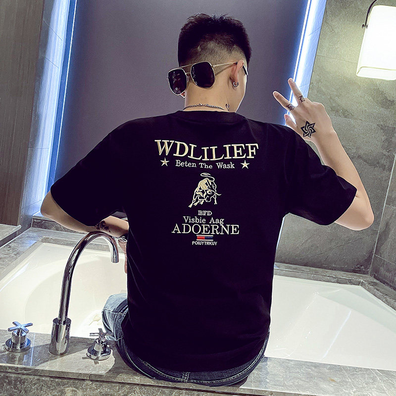24夏季新款男社会精神小伙个性刺绣网红短袖T恤7 T501-P38控58图片