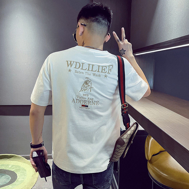 24夏季新款男社会精神小伙个性刺绣网红短袖T恤3 T501-P38控58图片
