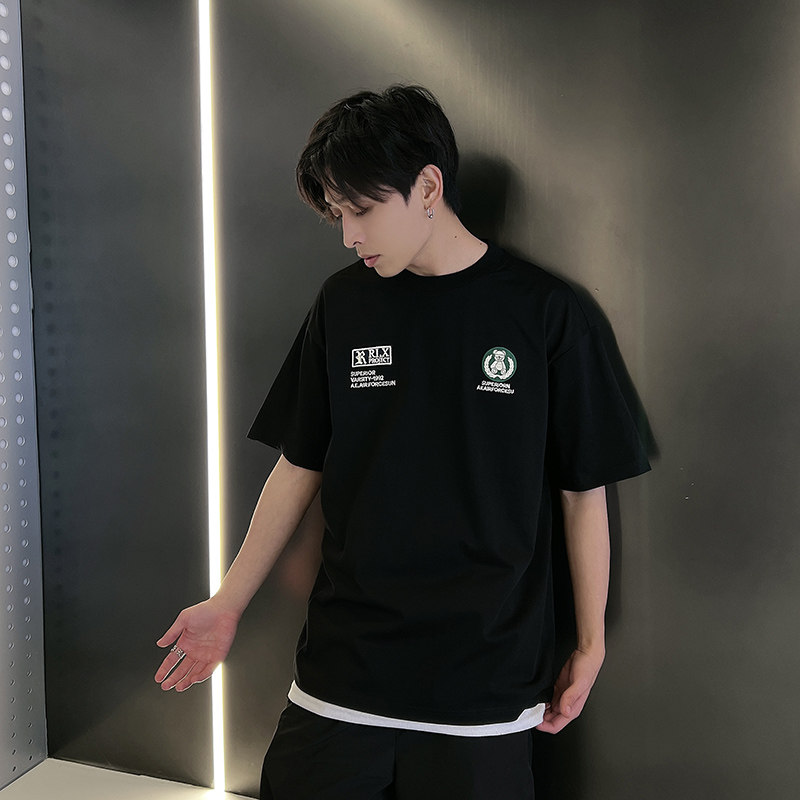 夏季潮男风社会小伙刺绣印花潮牌宽松短袖T恤-1T827-P48控68,男装T恤,电商A400-1（原B352）