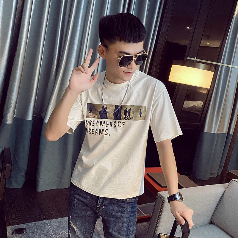 24新款社会小伙个性印花圆领男上衣社会人短袖T恤4 T555-P38控58图片