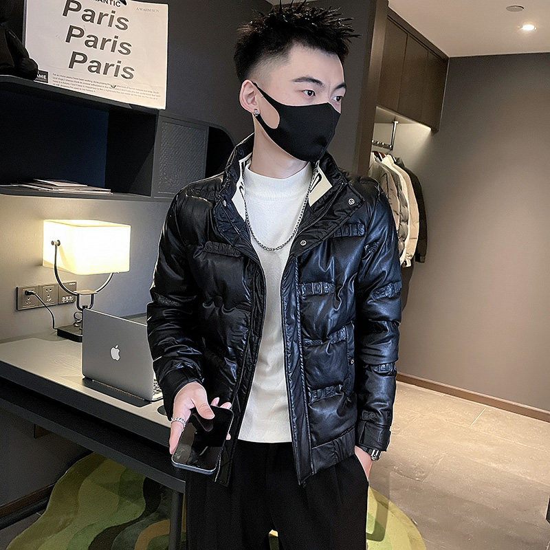 冬季社会小伙PU皮立领压花羽绒服白鸭绒男外套7YR656-P165控225,男装羽绒服,电商A400-1（原B352）