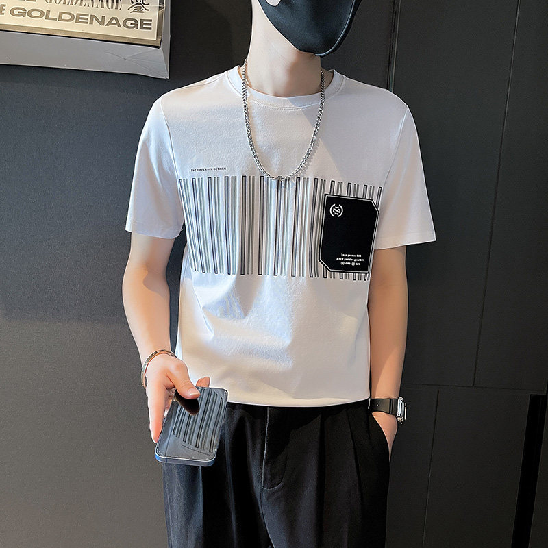T705-P48夏季新款潮男竖条纹印花短袖T恤痞帅潮流上衣-5控68,男装T恤,电商A400-1（原B352）