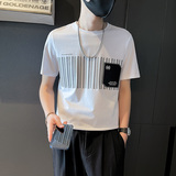 T705-P48夏季新款潮男竖条纹印花短袖T恤痞帅潮流上衣-5控68，男装T恤，电商A400-1（原B352）