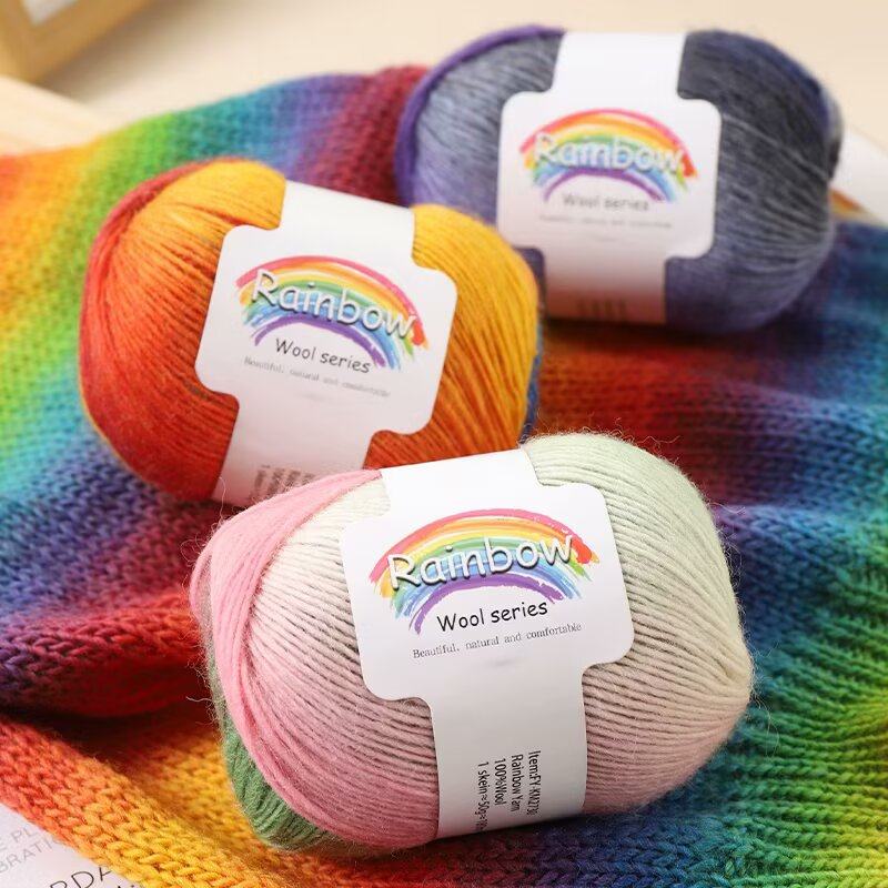 长段染彩虹纯羊毛毛线团diy手工外套披肩线毛衣编织贵妇人围巾线