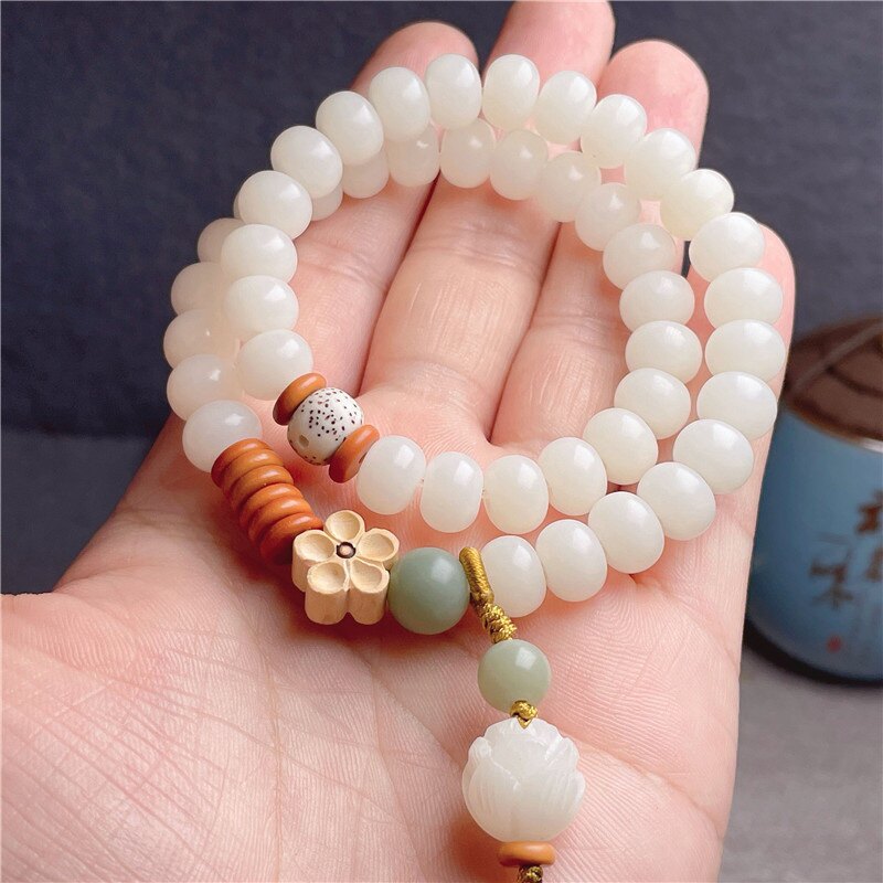 天然白玉菩提根莲花两圈手串文玩绕指柔手链女生菩提小清新送闺蜜