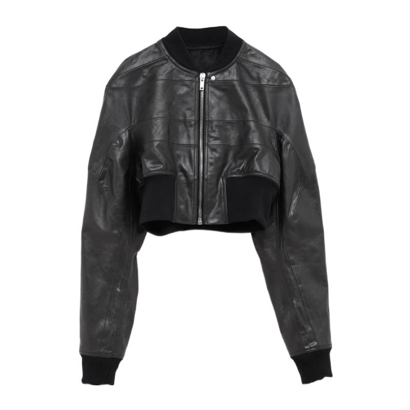 代购RICKOWENS黑色拉链立领长款皮夹克修身显瘦通勤西装