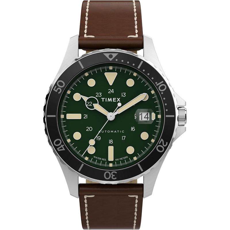 代购Timex天美时男士腕表自动上链夜光日期显示计时皮带钢壳绿盘